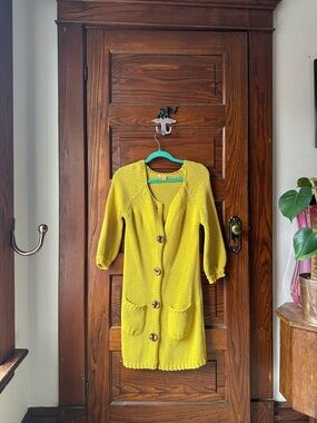Yellow Knit Long Cardigan Sweater with Pockets
